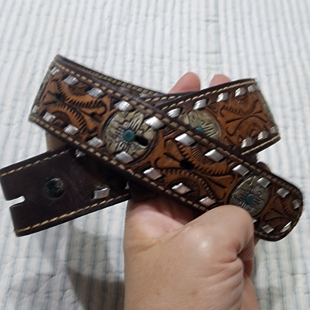Vintage Roma Mens Brown Tooled Leather Western Belt Turquoise Concho 34 36